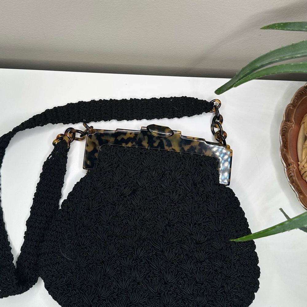 Vintage Marilyn Pivnick Black Knit Handbag Tortoise Lucite Frame & Coin Purse - Picture 5 of 14